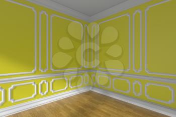 Yellow empty room corner interior with sunlight from window, decorative classic style molding on walls, wooden parquet floor and white baseboard, 3d illustration