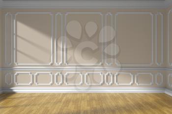 Beige empty room wall interior with sunlight from window, white decorative classic style molding on walls, wooden parquet floor and white baseboard, 3d illustration