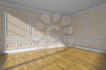 Beige empty room interior with sunlight from window, white decorative classic style molding on walls, wooden parquet floor and white baseboard, 3d illustration, wide angle