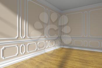 Corner of empty beige room interior with sunlight from window, white decorative classic style molding on walls, wooden parquet floor and white baseboard, 3d illustration