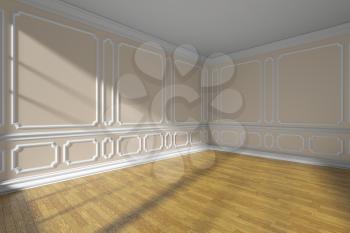 Beige empty room corner interior with sunlight from window, white decorative classic style molding on walls, wooden parquet floor and white baseboard, 3d illustration, wide angle