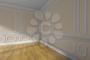Empty beige room corner interior with sunlight from window, white decorative classic style molding on walls, wooden parquet floor and white baseboard closeup, 3d illustration