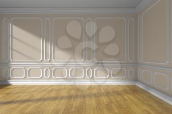 Beige empty room interior with sunlight from window, white decorative classic style molding on walls, wooden parquet floor and white baseboard, 3d illustration