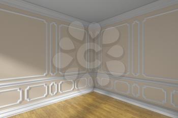 Beige empty room corner interior with sunlight from window, white decorative classic style molding on walls closeup, wooden parquet floor and white baseboard, 3d illustration