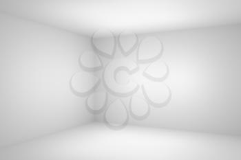 Abstract empty white room corner closeup with white wall, floor, ceiling without any textures, colorless 3d illustration