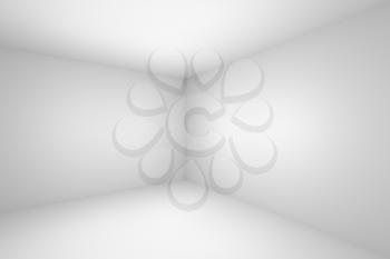 Abstract empty white room corner with white wall, floor, ceiling without any textures, colorless 3d illustration