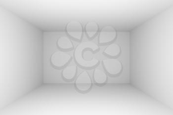 Abstract white empty room with white wall, floor, ceiling without any textures, dark side, colorless 3d illustration