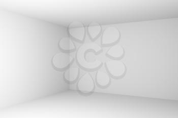 Corner of abstract white empty room closeup with white wall, floor, ceiling without any textures, colorless 3d illustration