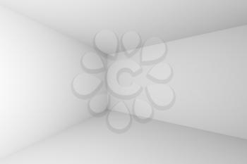 Corner of abstract white empty room with white wall, floor, ceiling without any textures, colorless 3d illustration.