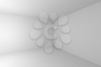 Abstract white empty room corner with white wall, floor, ceiling without any textures, colorless 3d illustration