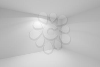 Wall lamp light on the white wall in corner of abstract white empty room with wall, floor and ceiling without any textures, colorless 3d illustration