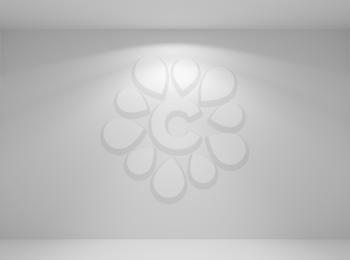 Wall lamp light on the white wall in abstract empty white room with wall, floor and ceiling without any textures closeup, colorless 3d illustration