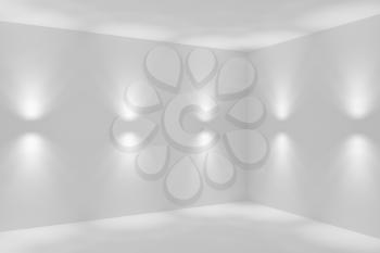 Empty white abstract room corner with wall lamp spotlights with walls, floor and ceiling without any textures, colorless 3d illustration