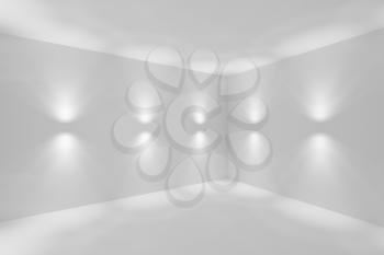 Empty white abstract room corner with wall lamp spotlights with walls, floor and ceiling without any textures, colorless 3d illustration, wide angle