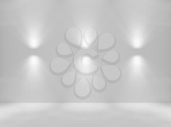 Empty white abstract room wall and floor with lamps spotlights, colorless 3d illustration