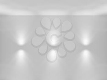 Empty white abstract room wall and ceiling with lamp spotlights, colorless 3d illustration