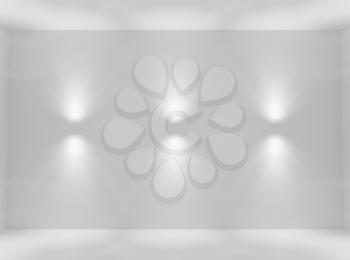 Empty white abstract room wall with lamp spotlights with floor and ceiling without any textures, colorless 3d illustration