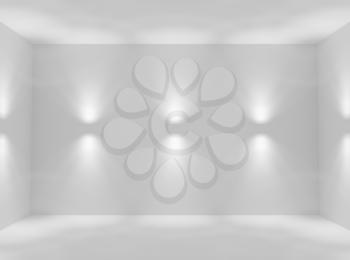 Empty white abstract room with wall lamp spotlights with walls, floor and ceiling without any textures, colorless 3d illustration