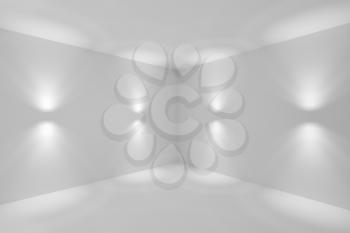 Abstract empty white room corner with wall lamp spotlights with walls, floor and ceiling without any textures, colorless 3d illustration
