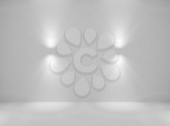 Abstract empty white room wall and floor with lamps spotlights without any textures, colorless 3d illustration