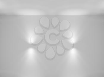 Abstract empty white room wall and ceiling with lamps spotlights without any textures, colorless 3d illustration