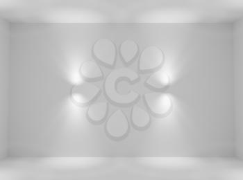 Abstract empty white wall with lamps spotlights with walls, floor and ceiling without any textures, colorless 3d illustration