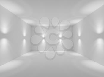 Abstract empty white room with wall lamp spotlights with walls, floor and ceiling without any textures, colorless 3d illustration, wide angle