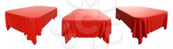 Rectangular red tablecloth with rounded corners, set isolated on white, 3d illustration
