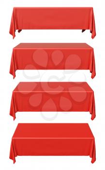 Red rectangular tablecloth set isolated on white, front view, 3d illustration collection