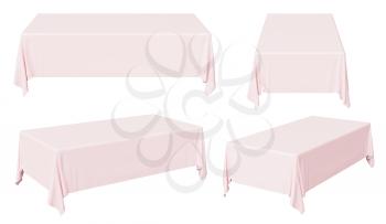 Pink rectangular tablecloth set isolated on white, 3d illustration collection