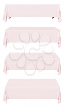Pink rectangular tablecloth set isolated on white, front view, 3d illustration collection