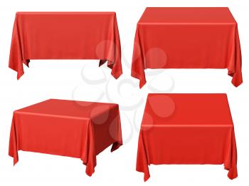Red square tablecloth set isolated on white, 3d illustration collection