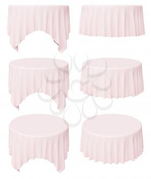 Pink round tablecloth set isolated on white, 3d illustration collection