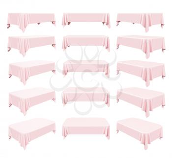 Set of rectangular pink tablecloth with rounded corners, isolated on white, 3d illustration.