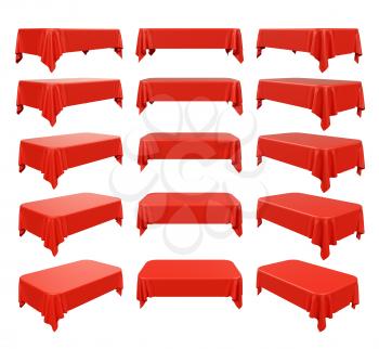 Rectangular red tablecloth with rounded corners set, isolated on white, 3d illustration.