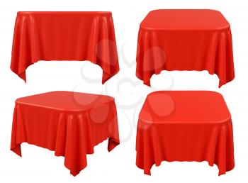 Square red table cloth with rounded corners, set isolated on white, 3d illustration collection