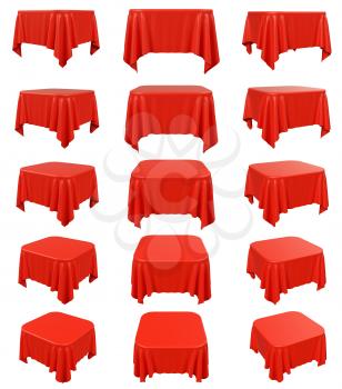 Red square table cloth with rounded corners, set isolated on white, 3d illustration collection