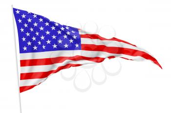 National triangular flag of United States of America on flagpole flying in wind isolated on white, 3d illustration