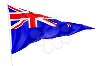 Triangular national flag New Zealand with flagpole flying in the wind isolated on white, 3d illustration