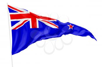 Triangular national flag New Zealand on flagpole flying in the wind isolated on white, 3d illustration
