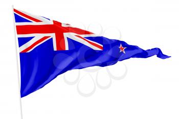 New Zealand triangular national flag with flagpole flying in the wind isolated on white, 3d illustration
