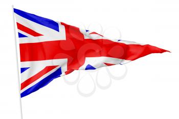 National triangular flag of United Kingdom of Great Britain on flagpole flying in the wind isolated on white, 3d illustration