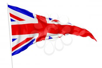 Triangular national flag of United Kingdom of Great Britain with flagpole flying in the wind isolated on white, 3d illustration