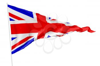 Triangular national flag of United Kingdom of Great Britain on flagpole flying in the wind isolated on white, 3d illustration