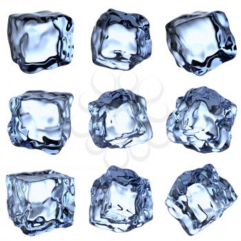Nine blue clear ice cubes collection isolated on white background