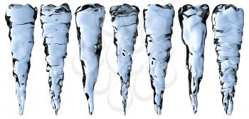 Blue clear icicles isolated on white background, decoration element set