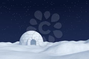 Winter north polar natural night snowy landscape: eskimo house igloo icehouse made with white snow at night on the surface of white polar snow field under cold night north sky with bright stars
