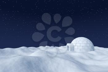 Winter north polar natural night snowy landscape: eskimo house igloo icehouse made with white snow at night on surface of polar white snow field under the cold night north sky with bright stars.