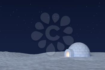 Winter north polar snowy landscape: eskimo house igloo icehouse with warm light inside made with snow at night on surface of snow field under cold night north sky with bright stars