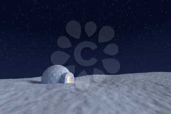 Winter north polar snowy landscape: eskimo igloo icehouse with warm light inside made with snow at night on the surface of snow field under cold night north sky with bright stars